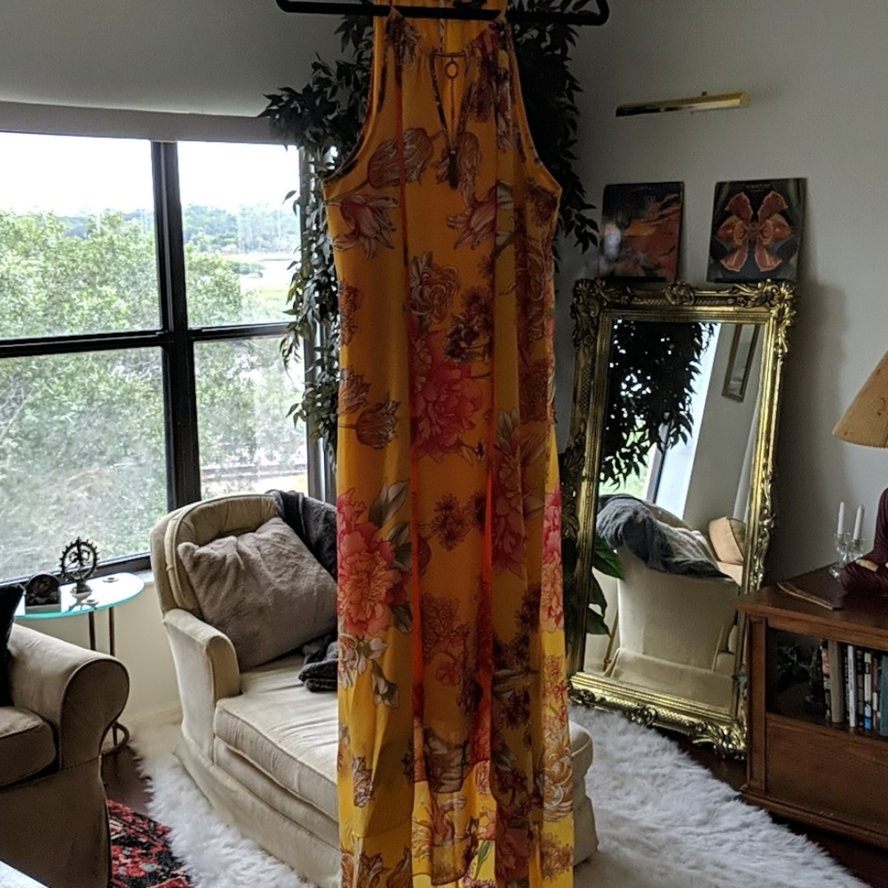 Gold floral dress with built in chain and slip